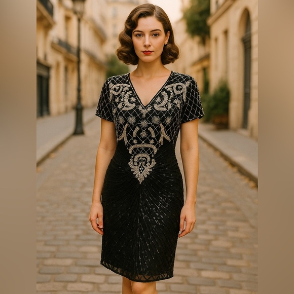 Dresses & Skirts - Vintage 100% SILK Denise Elle black white sequin dress floral